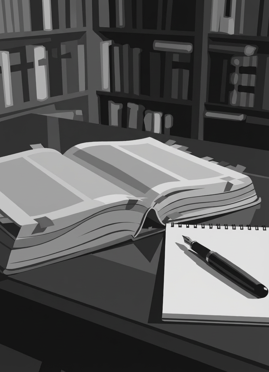 A heavy, leather-bound constitutional law book, its worn spine embossed with faded gold lettering, lies open on a dark walnut desk. Pages filled with dense, fine-print text are marked by multicolored sticky tabs and underlined passages in precise ink. Beside it rests a brass fountain pen and a simple, unbranded notebook with neatly ruled pages. Soft, diffused morning light filters through an unseen window, catching the slight texture of the paper and casting gentle shadows from the pen. The background falls into a subtle blur of shelves lined with more legal and political volumes. Photographic realism, eye-level composition, and a shallow depth of field create a calm, contemplative atmosphere suitable for a serious political essay blog header.